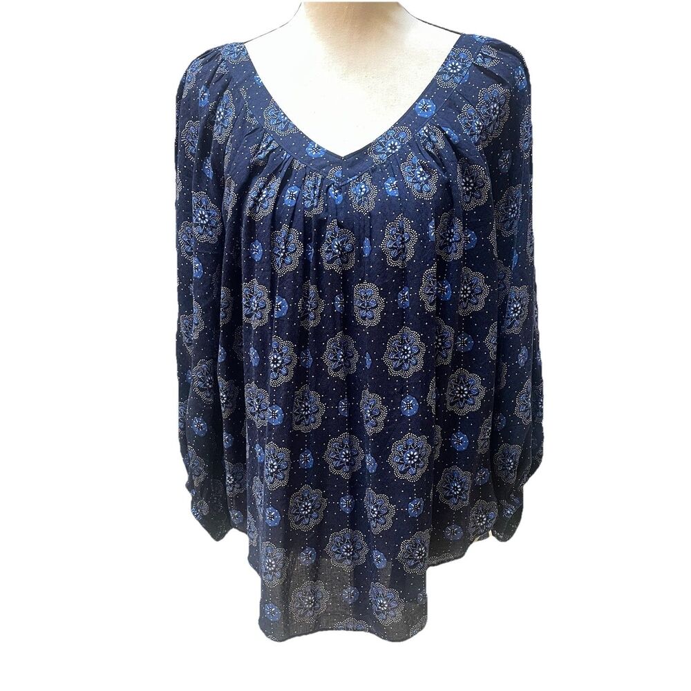 Anthro Maeve Boswell Blouse 2 S Blue Medallion Floral Boho Peasant Balloon